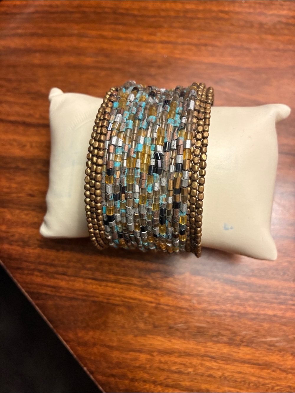 Beaded Wrap Bracelet with Gold Accents - Turquoise & Silver